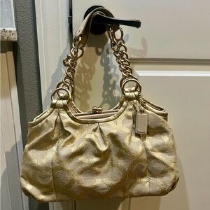 AUTHENTIC COACH PARKER KHAKI AND GOLD LINEN+LUREX OP ART SATCHEL